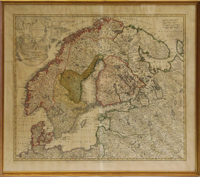 Homann, Johann Baptist, karta, kopparstucken och delvis handkolorerad, "Scandinavia completens..", omkring 1720, _11683a_8d94d30338a094b_lg.jpeg