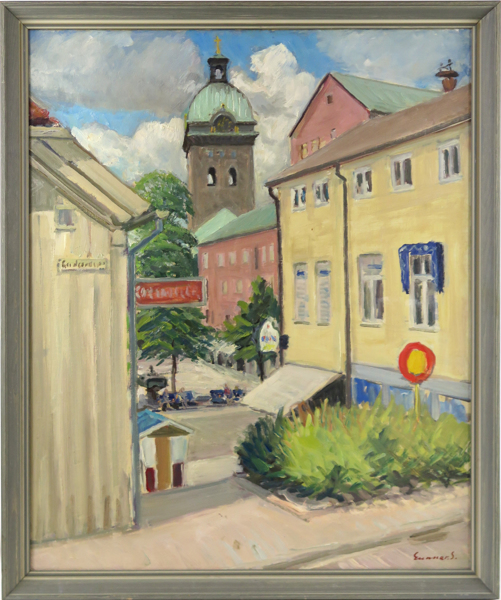 Svensson, Gunnar, olja, Caroli kyrka från Sandgärdsgatan - motiv från Borås,_14060a_lg.jpeg