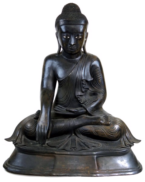 Skulptur, patinerad brons med porslinsögon, sittande Buddha i Bhumisparsha mudra-pose, _1546a_8d83add6cc96a2b_lg.jpeg