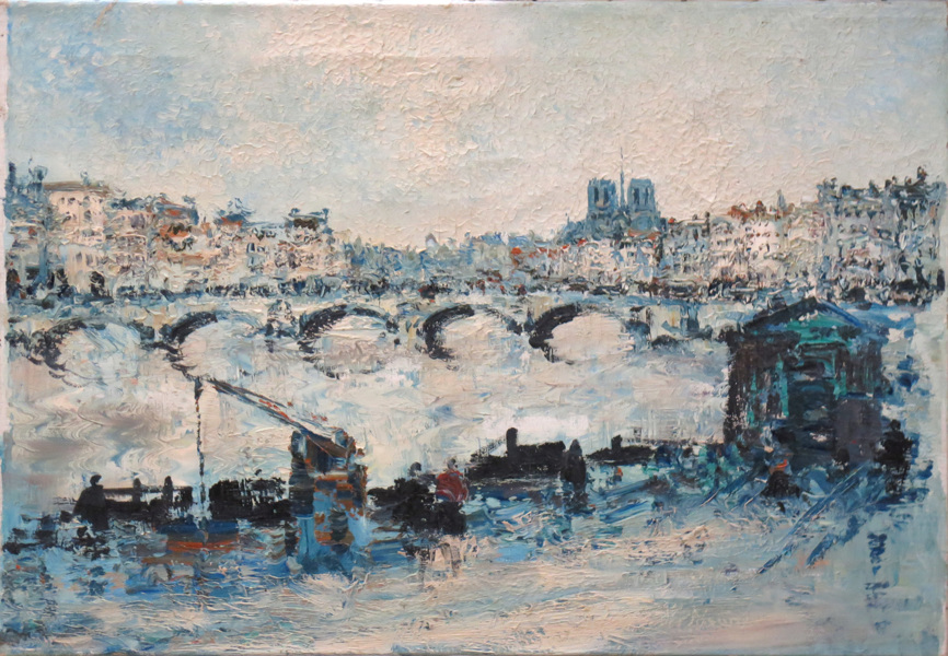 Okänd konstnär, olja, Pont d'Austerlitz i Paris med Nôtre Dame de Paris i fonden, _15679a_8d9cecacd81ef7f_lg.jpeg