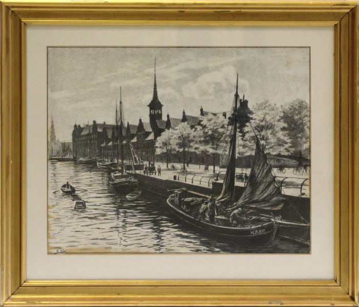 Krause, Emil, kolteckning med täckvitt, Slotsholms Kanal med Börsen, Köpenhamn, _15864a_8d9d9befddcc540_lg.jpeg