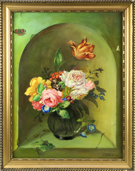Okänd polsk konstnär, olja, trompe l'oeil med blomvas i nisch och insekter, _16120a_lg.jpeg