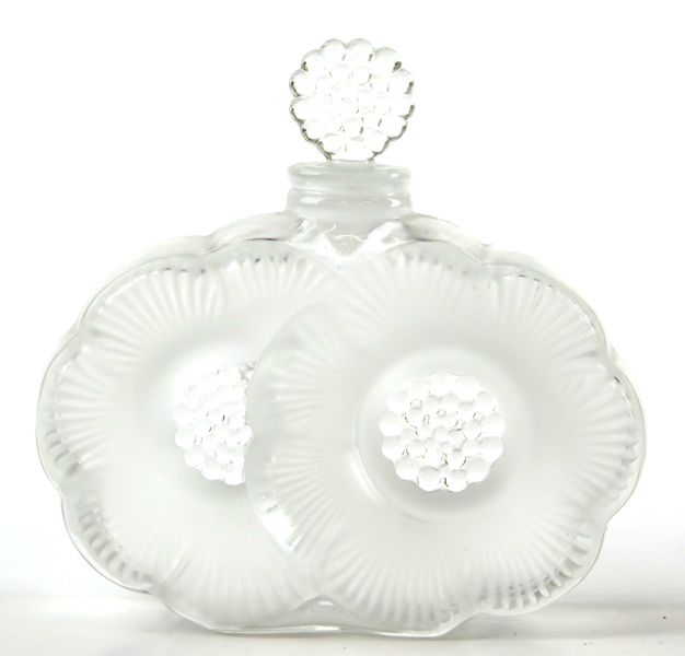 Lalique, René, efter honom, parfymflacon med propp, delvis frostat glas, "Deux Fleurs", _16420a_8d9e59799b6a072_lg.jpeg