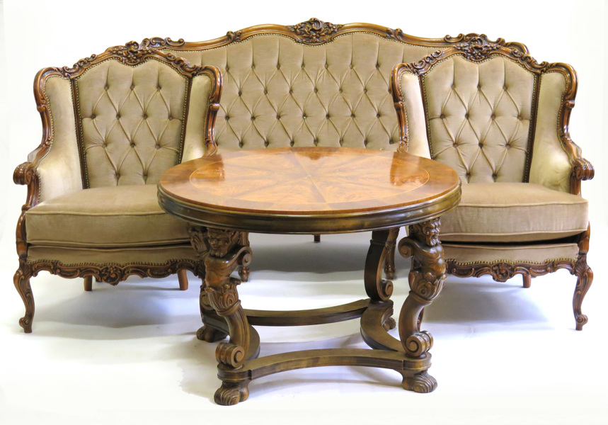 Salongsmöbel, 3 + 1 del, barockstil, 1900-talets 1 hälft, soffa samt 2 bergèrer i bonat trä med ljusbrun sammetsklädsel, _16760a_8d9f542d2141c82_lg.jpeg