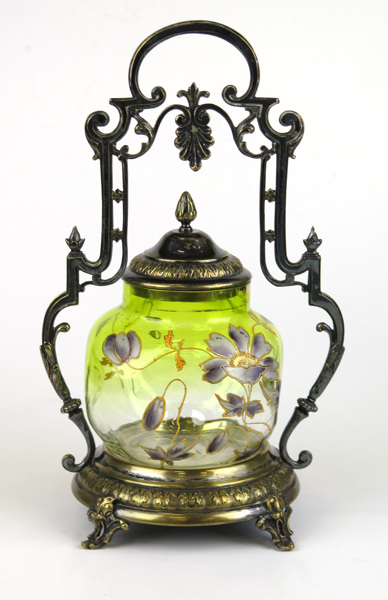 Kakburk, glas med nysilvermontage, sekelskiftet 1900, delvis gröntonad glasmassa, emaljdekor av blomma, _16797a_8d9f2f789fbb8bd_lg.jpeg