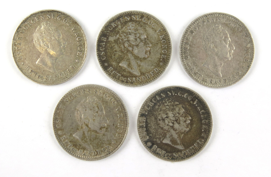 Silvermynt, 5 st, 12 skilling, Norge, Oskar I 1845, 1850, 1853, samt 2 st 1856, _17619a_8da0beb01a1a224_lg.jpeg