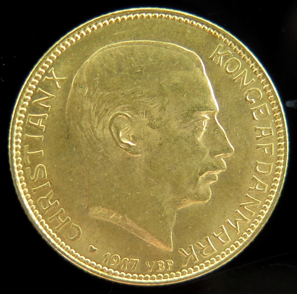 Guldmynt, Danmark, 20 kronor, Kristian X 1917, vikt 8,96 gr 900/1000 guld, _18064a_8da189899ee636e_lg.jpeg