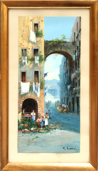 Gianni, Maria, gouache, utsikt från Quartieri Spagnoli över Neapel med Vesuvius i fonden, signerad,_1951a_8d8490390ee671a_lg.jpeg