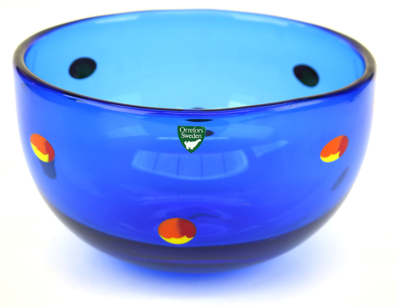 Lagerbielke, Erika för Orrefors, skål, blå glasmassa med inväsningar i orange, rött och gult, "Pepperoni", _20370a_8da64197a1d34b6_lg.jpeg