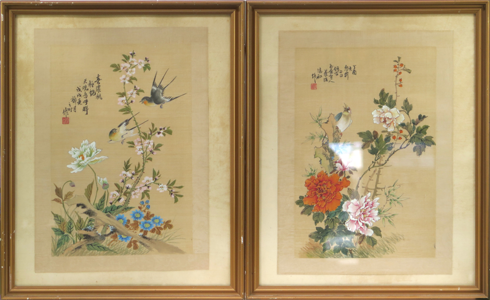 Okända kinesiska konstnärer, 1900-tal, gouacher på siden, 2 st, dekor av fåglar pioner mm, _20745a_lg.jpeg