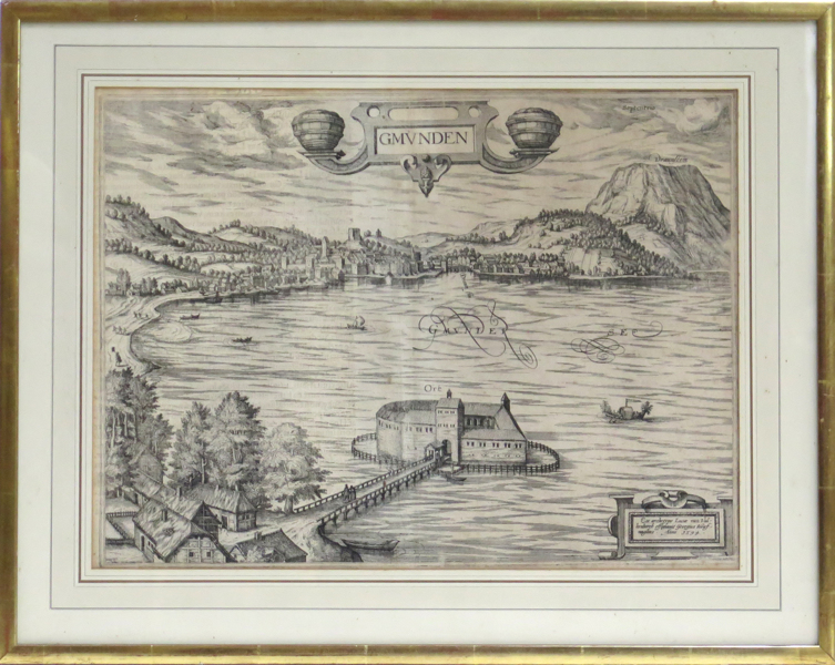 Hoefnagel, Joris efter Van Valckenborch, Lucas, kopparstick, "Gmunden.." 1617, ur Braun & Hogenbergs "Civitates Orbis Terrarum",  _21756a_lg.jpeg
