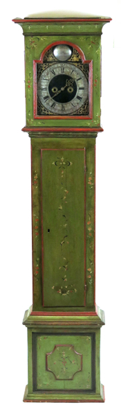 Golvur, grönmålat trä, 1700-talets mitt, så kallat Bornholmerur, hane, urtavla signerad Peter Arboe (1726 - 1766, borgerskab 1750)_22254a_8da9a48896a223d_lg.jpeg