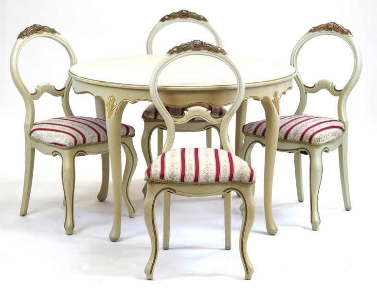 Matgrupp, 7 delar, lackerat och bronserat trä, nyrokokostil, 1900-talets 1 hälft, 6 stolar samt bord med 2 iläggsskivor, _2240a_8d84ab607708a70_lg.jpeg