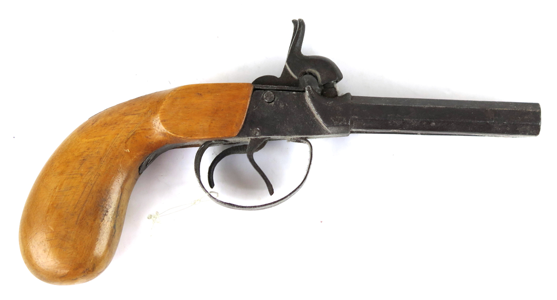 Slaglåspistol, dubbelpipig, så kallad Weinbergpistol, 1800-talets 2 hälft, otydliga proberstämplar, l 22 cm, funktion garanteras ej_22579a_8da9bacec3456b3_lg.jpeg