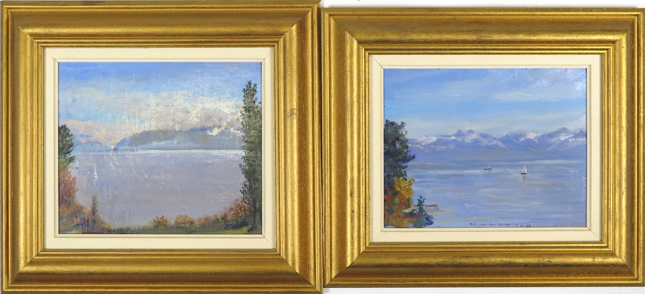Okänd konstnär, oljemålningar, 1 par, motiv från Genèvesjön, signerade N Lane och daterade 1982, 24 x 31 cm_25088d_8daddf05821f6b0_lg.jpeg