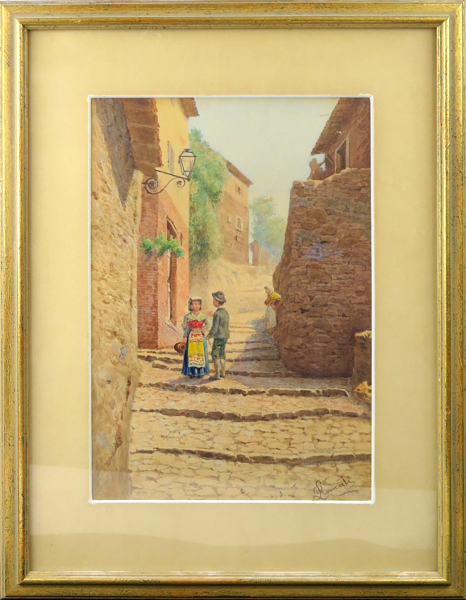 Okänd italiensk konstnär, sekelskiftet 1900, akvarell, bygata med par i traditionell dräkt, signerad L Roncati (?), synlig pappersstorlek 32 x 23 cm_25191a_8dadf56d47ff5a9_lg.jpeg