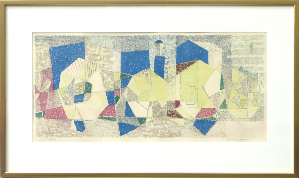 Olson, Axel, färglitografi, kubistisk hamnscen, signerad och numrerad 21/260, synlig pappersstorlek 31 x 66 cm_25857a_8db02d32e3167d1_lg.jpeg