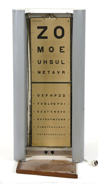 Tavla för syntest, metall och trä, med belysning, 1900-talets 1 hälft, höjd 95 cm