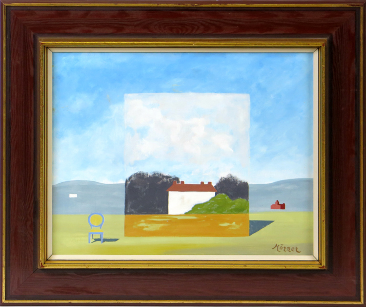 Mörner, Stellan, olja, surrealistisk komposition med slottsbyggnad (Esplunda, konstnärens barndomshem), signerad, 33 x 41 cm_25883a_8db084a3d4e74b0_lg.jpeg