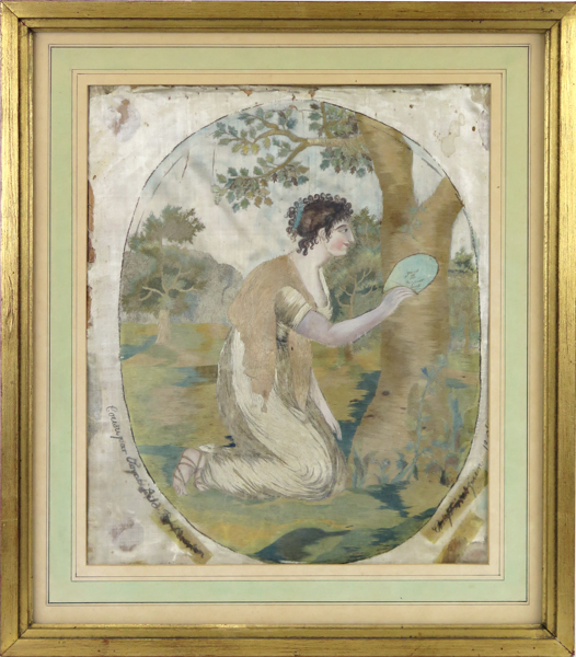 Sidenbroderi, delvis bemålat, sengustavianskt, kvinna i landskap, otydligt signerat och daterat 1806, synlig storlek 32 x 27 cm, proveniens: adliga ätten Tham, skador_25973a_lg.jpeg