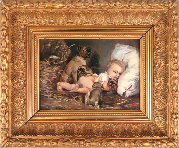 Okänd tysk konstnär, olja, spädbarn och hundvalpar, signerad AP och daterad (18)89, 12,5 x 16,5 cm_26126a_8db0ea183fa82da_lg.jpeg