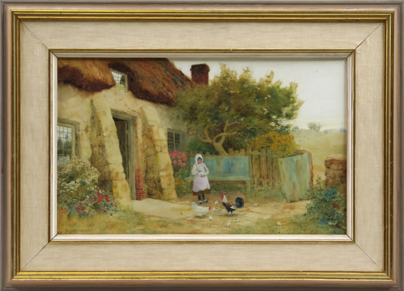 Claude Strachan, Arthur, akvarell, engelsk trädgård med flicka och höns, signerad, synlig pappersstorlek 27 x 45 cm_26127a_8db0ea0af6e2cde_lg.jpeg
