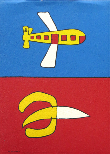 Schlyter, Ulf, 'Ulven', olja på plåt, dekor av flygplan och banan, signerad och daterad -90, 81 x 57 cm, mindre skada_26242a_lg.jpeg