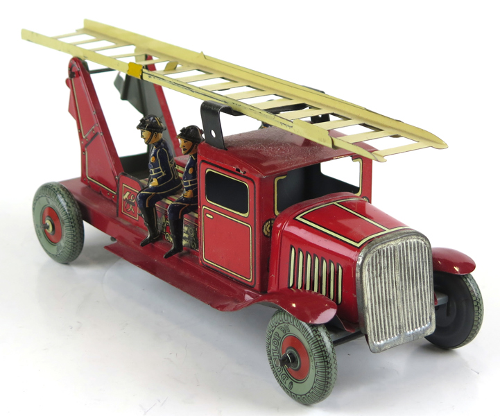 Mekanisk leksak, litograferad plåt, Mettoy, England, 1920-30-tal, brandbil, teleskopstege, 3 brandmän, l 30 cm, obetydligt slitage_26255a_lg.jpeg