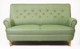Malmsten, Carl för O H Sjögren, Tranås, soffa, "Hemmakväll",  djuphäftad, grön klädsel, l 205 cm