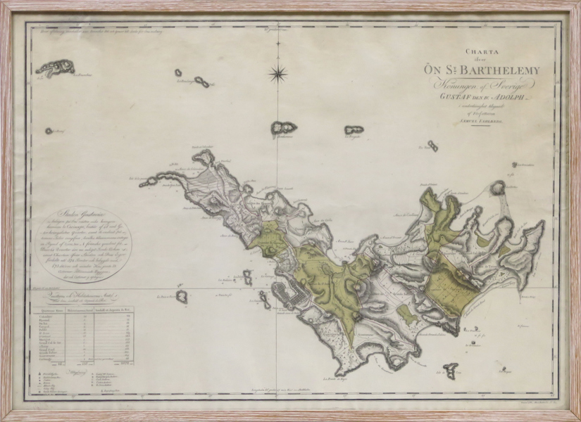 Fahlberg, Samuel, karta, kopparstucken och handkolorerad, "Charta öfver Ön St. Barthelemy - Konungen af Sverige Gustaf den IV Adolph i underdånighet tilegnad af Författaren Samuel Fahlberg", 