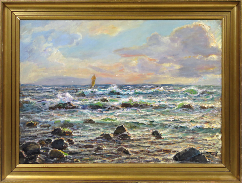 Busch, Peter, olja, kustparti med segelbåt, signerad, 49 x 69 cm