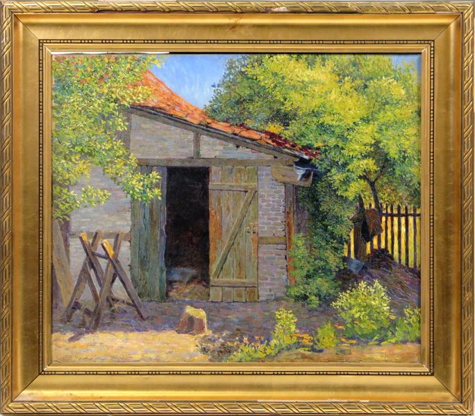 Okänd konstnär, olja, uthus, otydligt signerad och daterad 1916, 55 x 66 cm