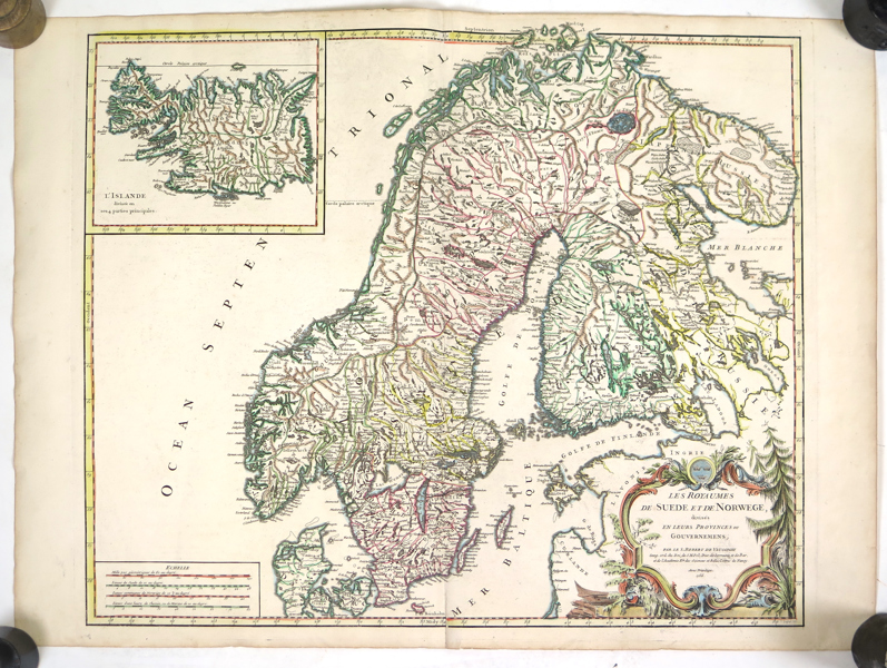 Vaugondy, Robert de, karta, kopparstucken och handkolorerad, "Les Royaumes de Suede et de Norwege", Paris 1756, pappersstorlek 51 x 70 cm