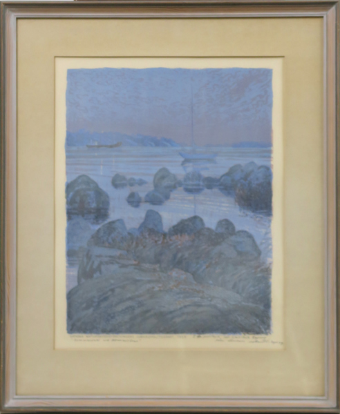 Svensson, Roland, färglitografi, "Sommarnatt vid Allemansören" (Husaröleden") 2:a provtryck, signerad med dedikation 1959, synlig pappersstorlek 38 x 30 cm