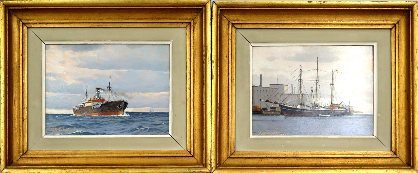 Qvistorff, Victor H W, oljemålningar, 1 par, skeppsporträtt respektive fartyg vid kaj, bägge signerade och daterade 1951, _2678a_8d85a272954e319_lg.jpeg