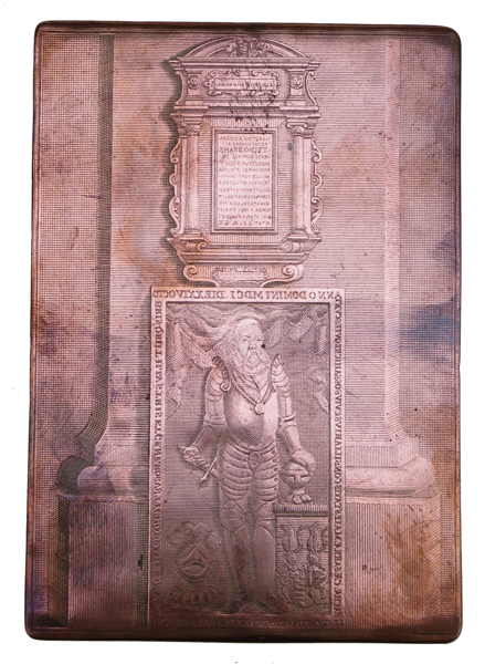 Okänd gravör, 17-1800-tal, tryckplåt till kopparstick, Tycho Brahes gravmonument i Prag, plåtstorlek 11 x 7,5 cm_26785a_8db26db7b4e5b49_lg.jpeg