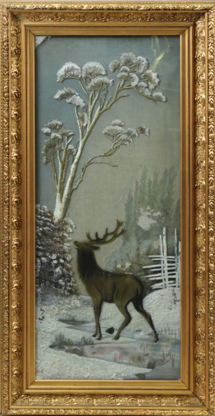 Okänd konstnär, 1800-talets slut, hinterglasmalerei med applikation framför oljemålning, kronhjort, total mått inklusive ram 107 x 55 cm_26906a_lg.jpeg