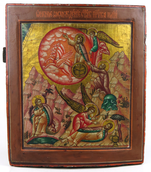 Ikon, äggoljetempera och guld på trä, 1800-tal, scener ur Elie liv, 31 x 28 cm, a tergo inristade inskriptioner_27350a_lg.jpeg