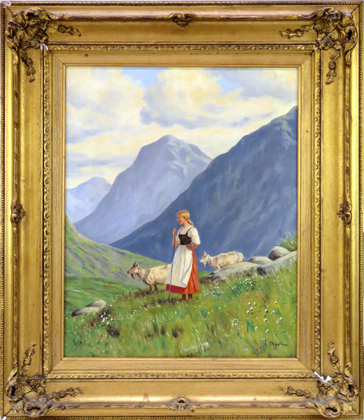 Boehm, L (pseudonym för Niels Walseth, olja, norskt fjällparti med vallpiga i folkdräkt, signerad, 52 x 41 cm_27363a_8db3da12eeeeb25_lg.jpeg