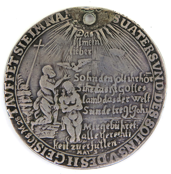 Silvermynt, 1 Reichstaler, så kallad Tauftaler, Ernst I, Saxen-Coburg-Gotha 1671, upphängningshål