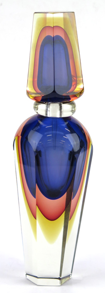 Okänd designer, antagligen Murano, parfymflaska med propp, hexagonal med violett och orange ynderfång, signerad M Oreste (?), h 30 cm_27385a_lg.jpeg