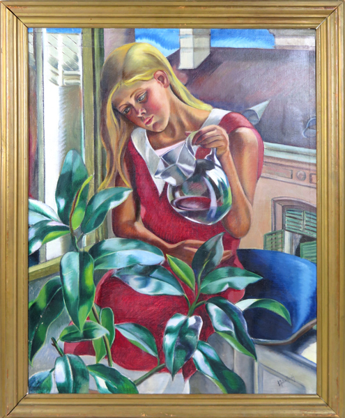 Okänd konstnär, 1900-talets 1 hälft, olja, kvinna med växter, otydligt signerad, 91 x 71 cm, smärre duklagning_27415a_8db3f5602df83e0_lg.jpeg