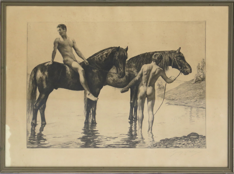 Jahn, Georg, etsning, badande kavallerister med hästar, "Pfedrdeschwemme", signerad, synlig pappersstorlek 45 x 59 cm, gulnad_27435a_lg.jpeg