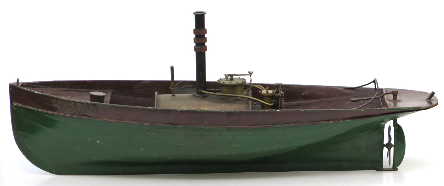 Ångfartygsmodell, bemålad plåt, Danmark, sekelskiftet 1900, "Christian", spritbännare med främre tank, l 59 cm_27454a_8db41883d72eb99_lg.jpeg