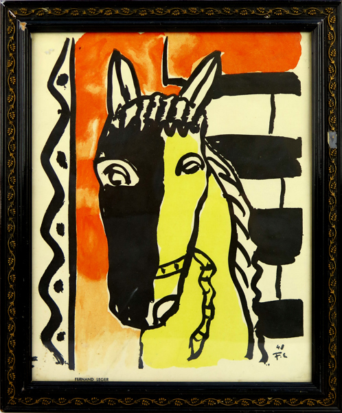 Léger, Fernand, litografi med pochoir, "Cheval sur fond rouge", utförd 1951 i 1500 exemplar av Atelier Jacomet i Paris efter akvarell från 1948, synlig pappersstorlek 27 x 21 cm