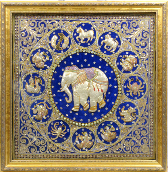 Okänd konstnär, broderi, siden och guldtråd, antagligen Thailand, 1900-talets 2 hälft, dekor av Zoodiaken och elefant, 97 x 94 cm