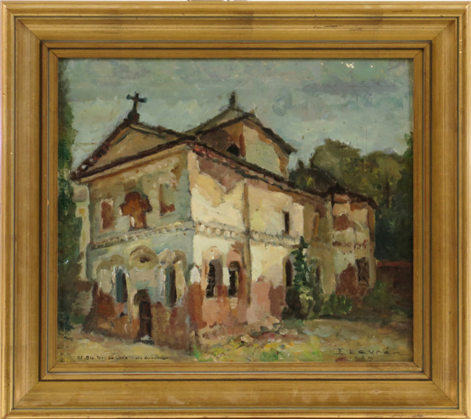 Okänd konstnär, olja, Biserica Adormirea Maicii Domnului, Bukarest, signerad E Levrén och daterad 1934, 35 x 40 cm