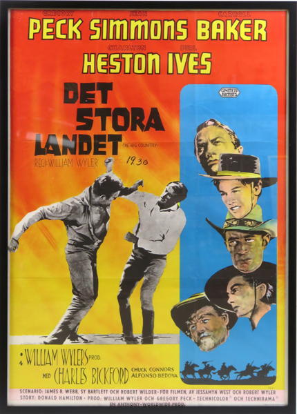 Filmposter, litograferad, "Det stora landet" (The big country) 1958, med bland andra Gregory Peck, Jean Simmons och Carroll Baker. synlig pappersstorlek 99 x 68 cm, påtecknad tidpunkt 1930, 