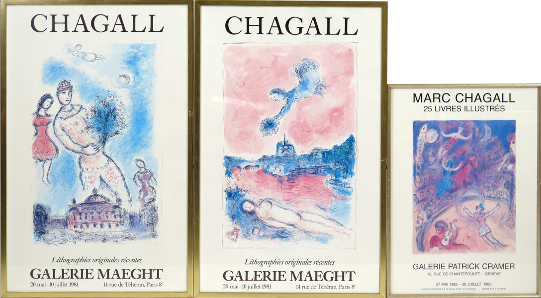 Chagall, Marc, utställningsaffischer, offset, 3 st, Geneve 1982 samt Paris 1981, synlig pappersstorlek 65 x 46 cm resp 89 x 57 cm