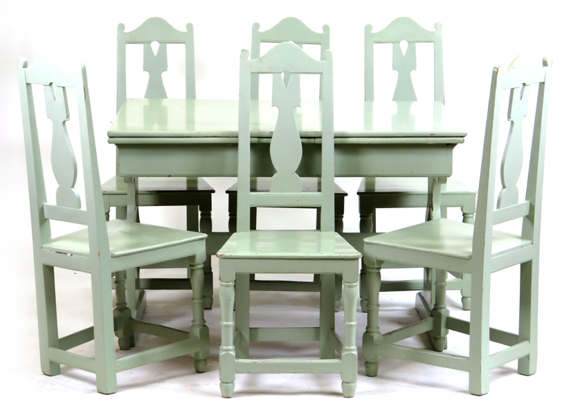 Matgrupp, 7 delar, grönlackerat trä, 1900-talets mitt, bord samt 6 stolar_28798a_lg.jpeg